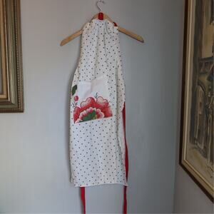 White Black Polka Dot Red Floral Pocket Vintage Style Apron